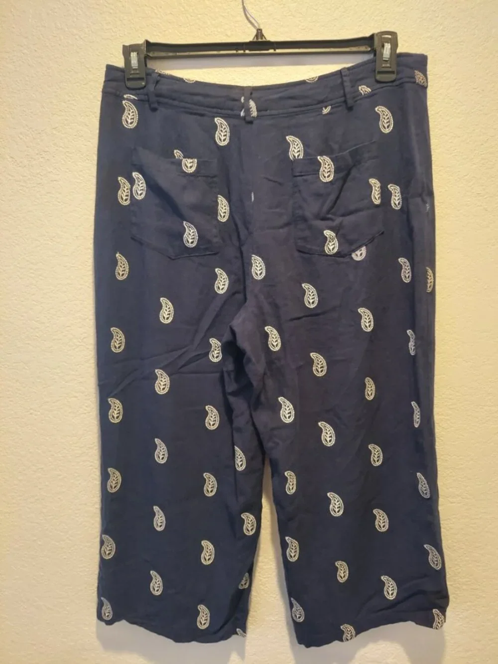 Calligraphie Linen Blend Paisley Wide Leg Cropped Pants Blue Coastal Nautical - Picture 9 of 13
